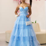 Rosamund Layered Tulle Gown - Dusty Blue