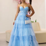 Rosamund Layered Tulle Gown - Dusty Blue