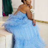 Rosamund Layered Tulle Gown - Dusty Blue