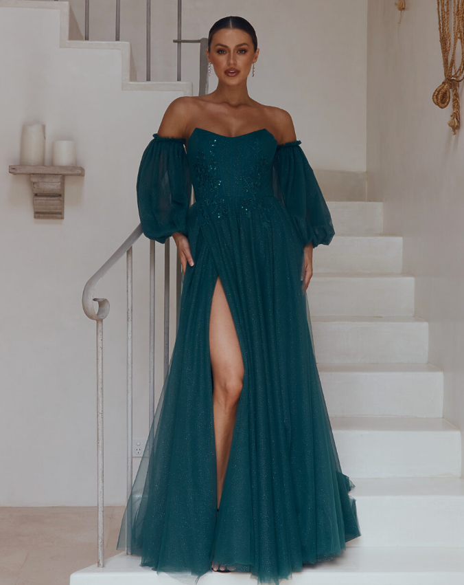 Lilia Off Shoulder Tulle Gown Emerald – Miss Runway Boutique