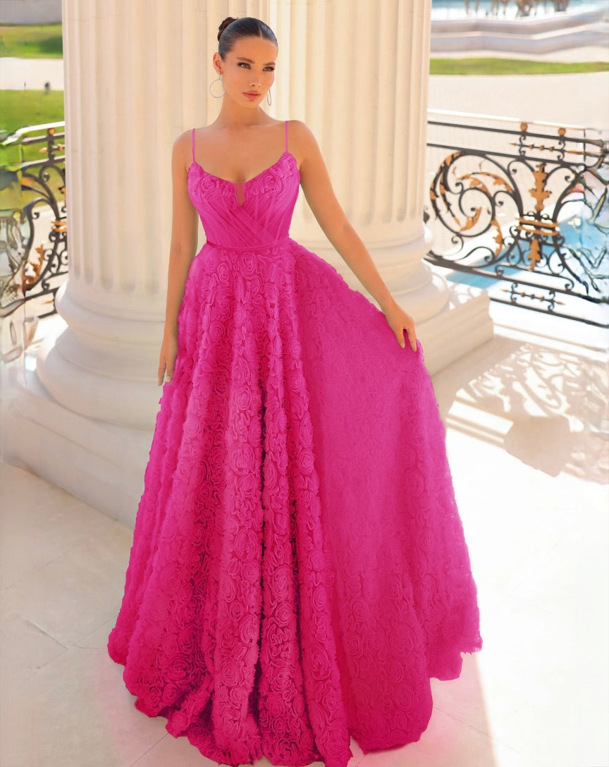 Elodie Floral Gown - Neon Pink