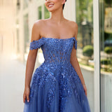 Dahlia Off Shoulder Beaded Ball Gown - Blueberry