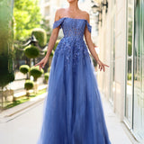 Dahlia Off Shoulder Beaded Ball Gown - Blueberry