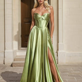 Zephyr Strapless Satin Gown Pistachio Front