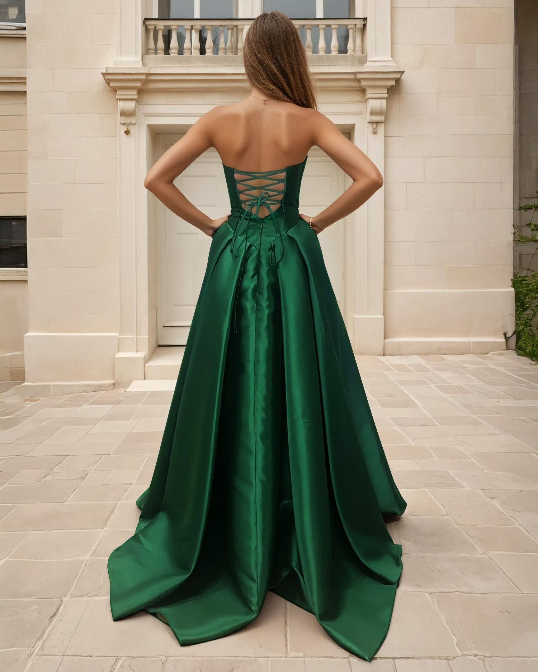 Anabella Strapless Corset Gown Emerald Back