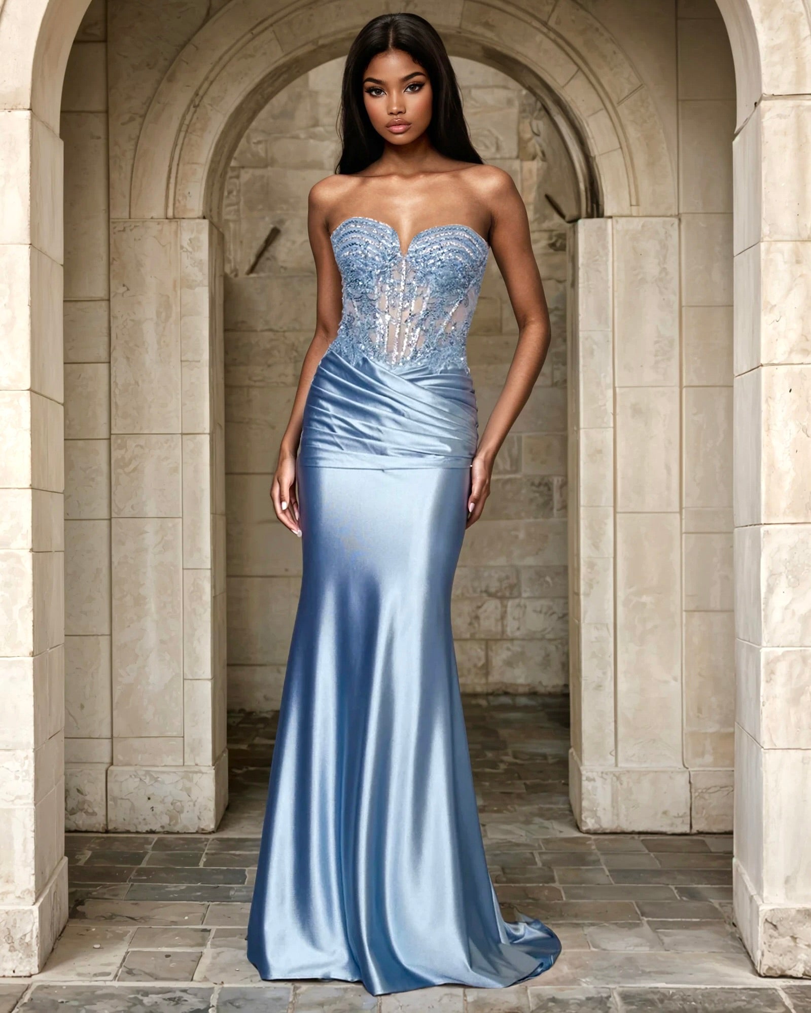 Ayla Strapless Corset Gown Dusty Blue