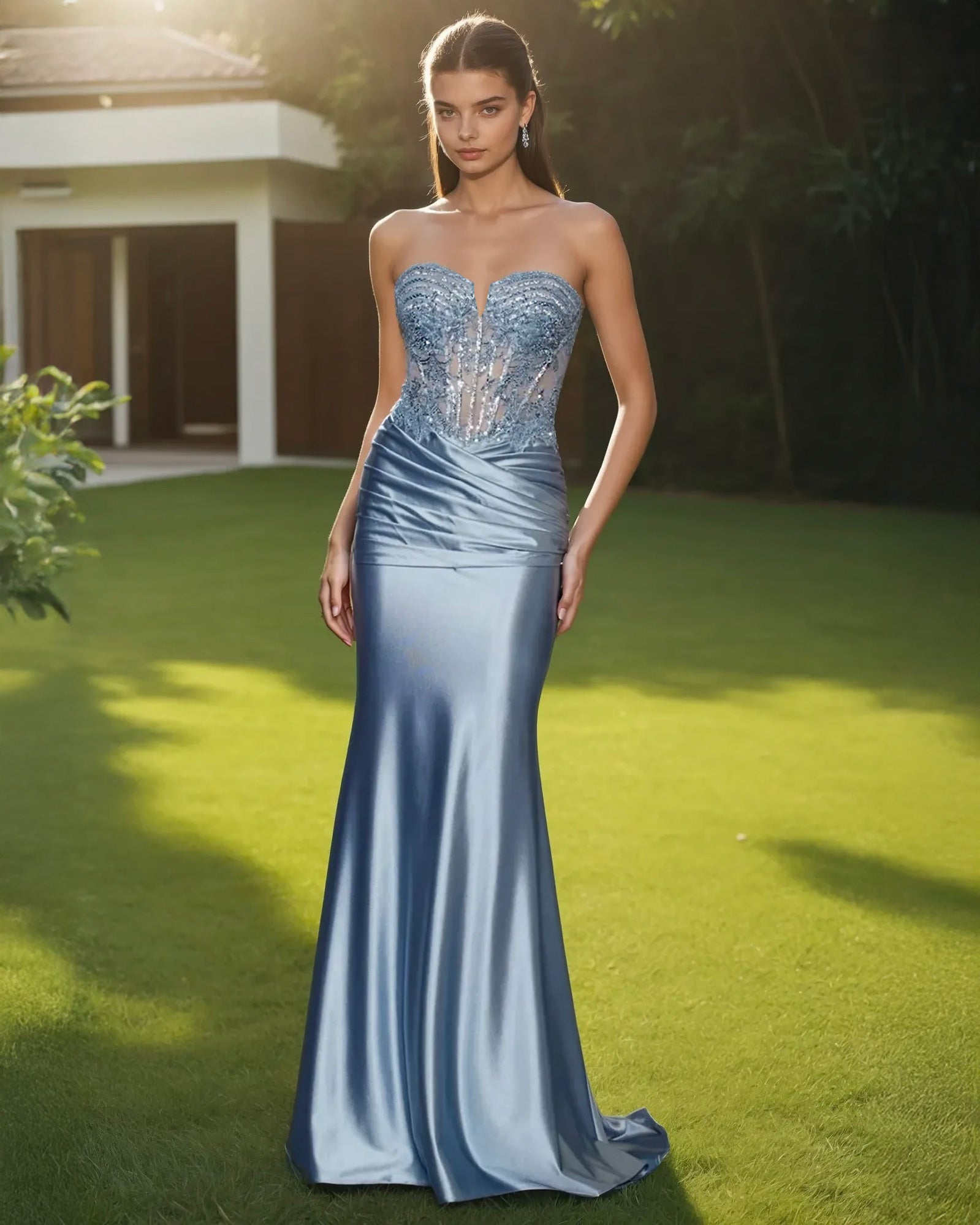 Ayla Strapless Corset Gown Antique Blue Front