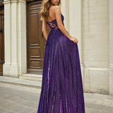 Caterina Strapless Glitter Gown Plum Back