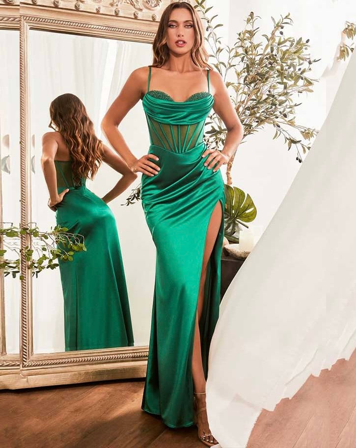 emerald corset dress Green Long Formal with Bodice Emerald Green / 0 The illusion chantilly lace is paired with exposed boning for a glamorous look Amoris T813 Elegantly Fitted Satin