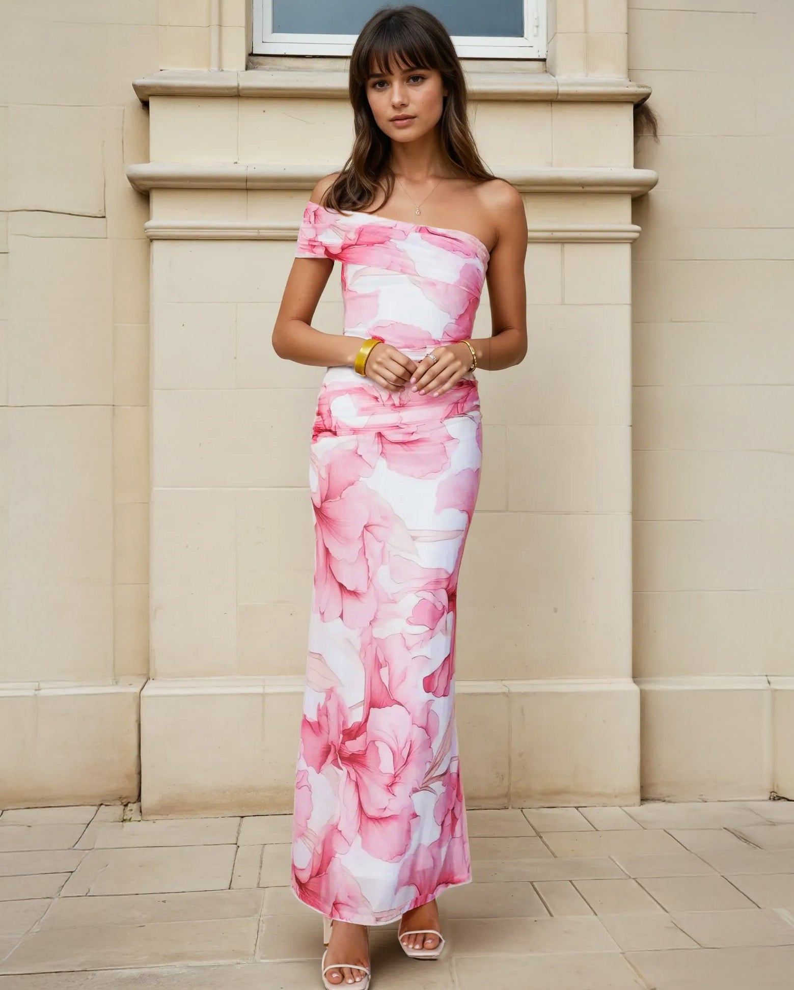 Cecilia One Shoulder Maxi Dress Pink Print Back
