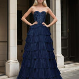 Celeste Layered Strapless Ball Gown Navy Front