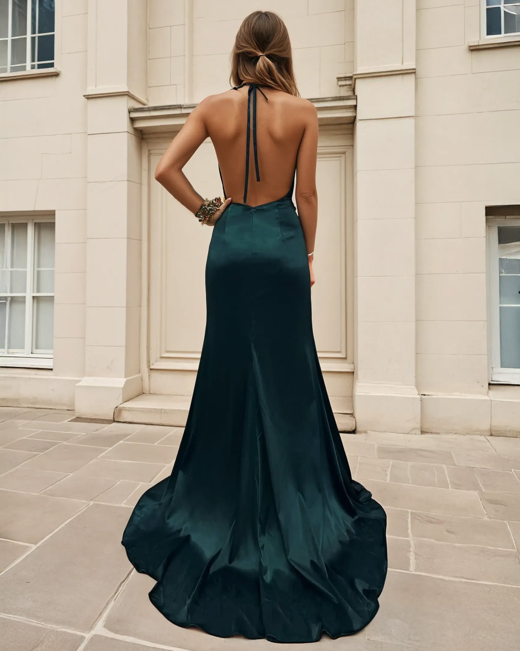 Corine Satin Formal Gown - Emerald Back
