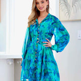Ellie Chiffon Mini Dress - Green/Blue Print