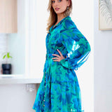 Ellie Chiffon Mini Dress - Green/Blue Print
