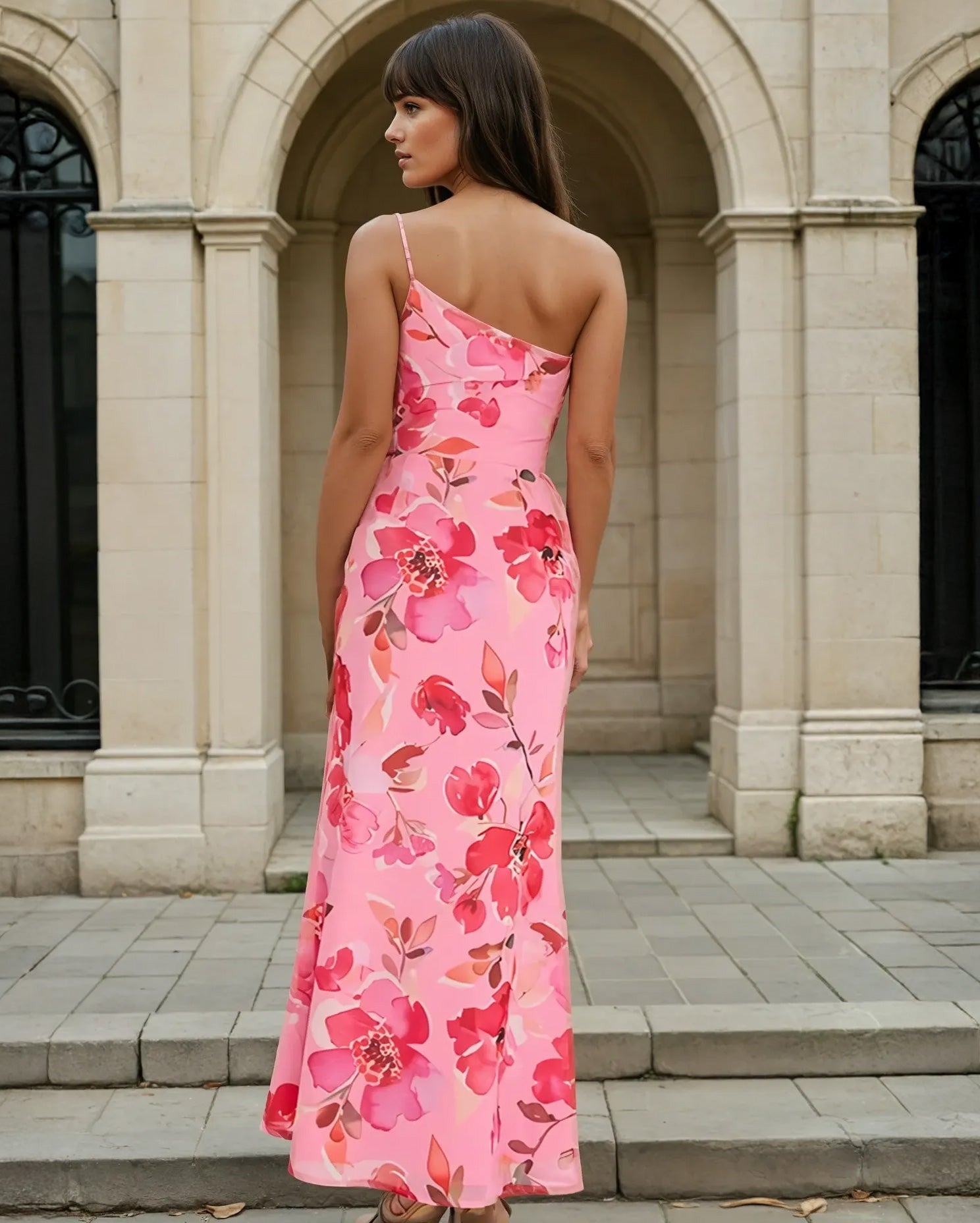 Elowen One Shoulder Maxi Dress Pink Floral Back