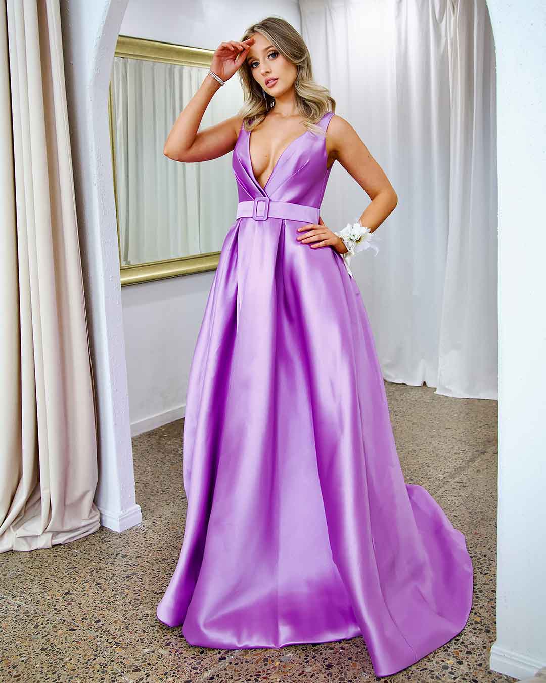 Harper Wrap Belt Gown - Lilac