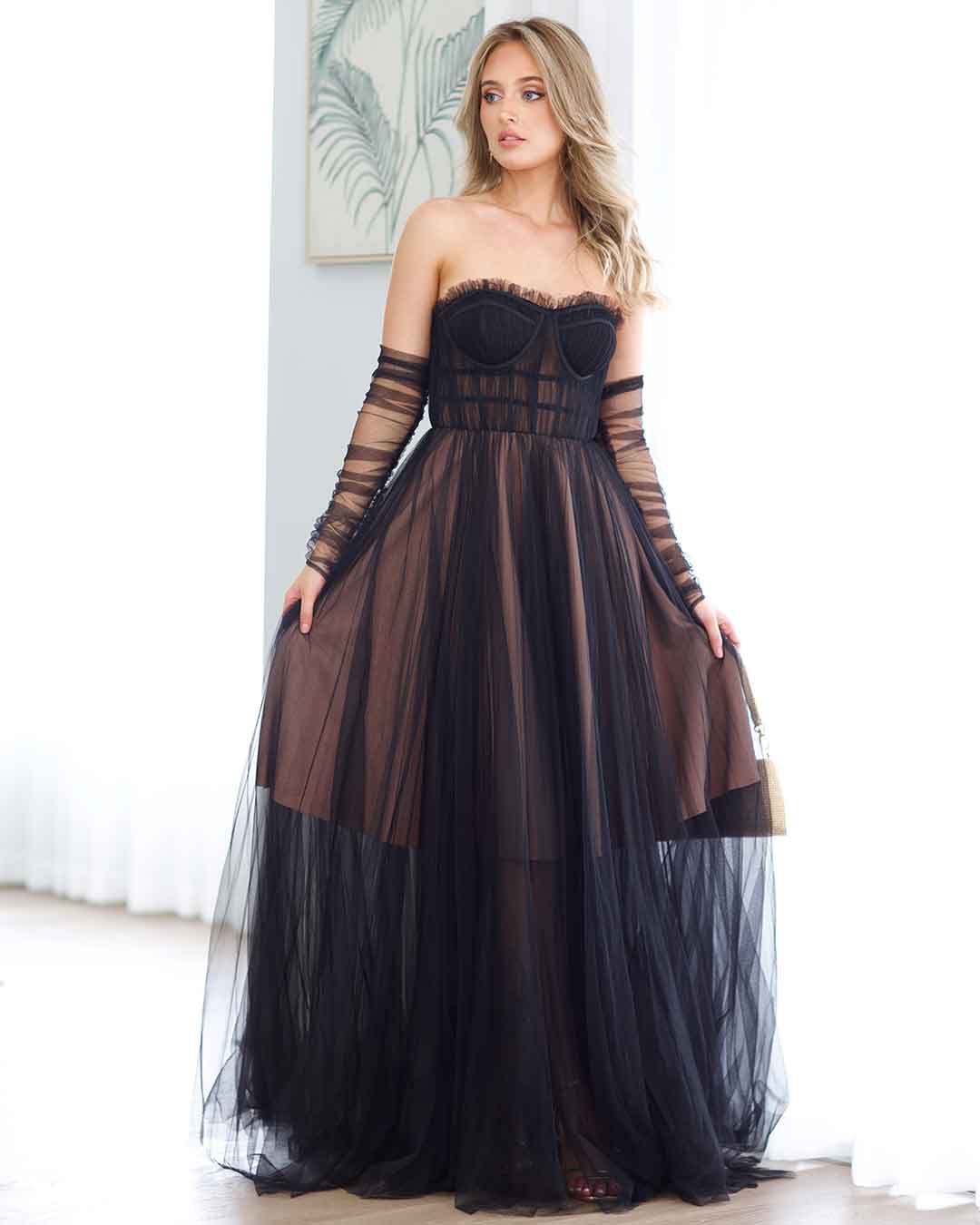 Jasmine Corset Tulle Gown - Black