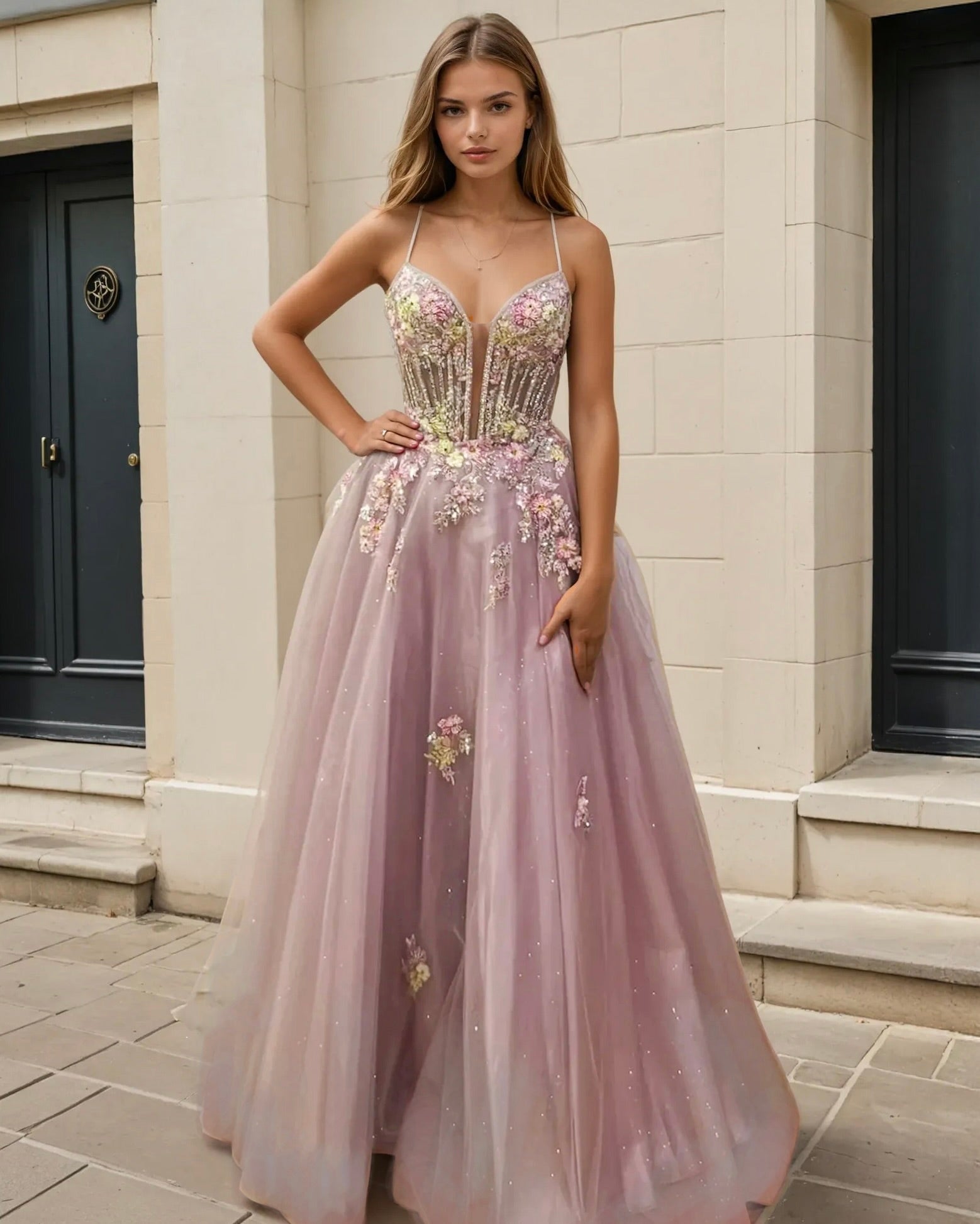 Persephone Floral Tulle Formal Gown - Mauve Front