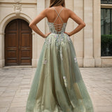 Persephone Floral Tulle Formal Gown - Sage Back