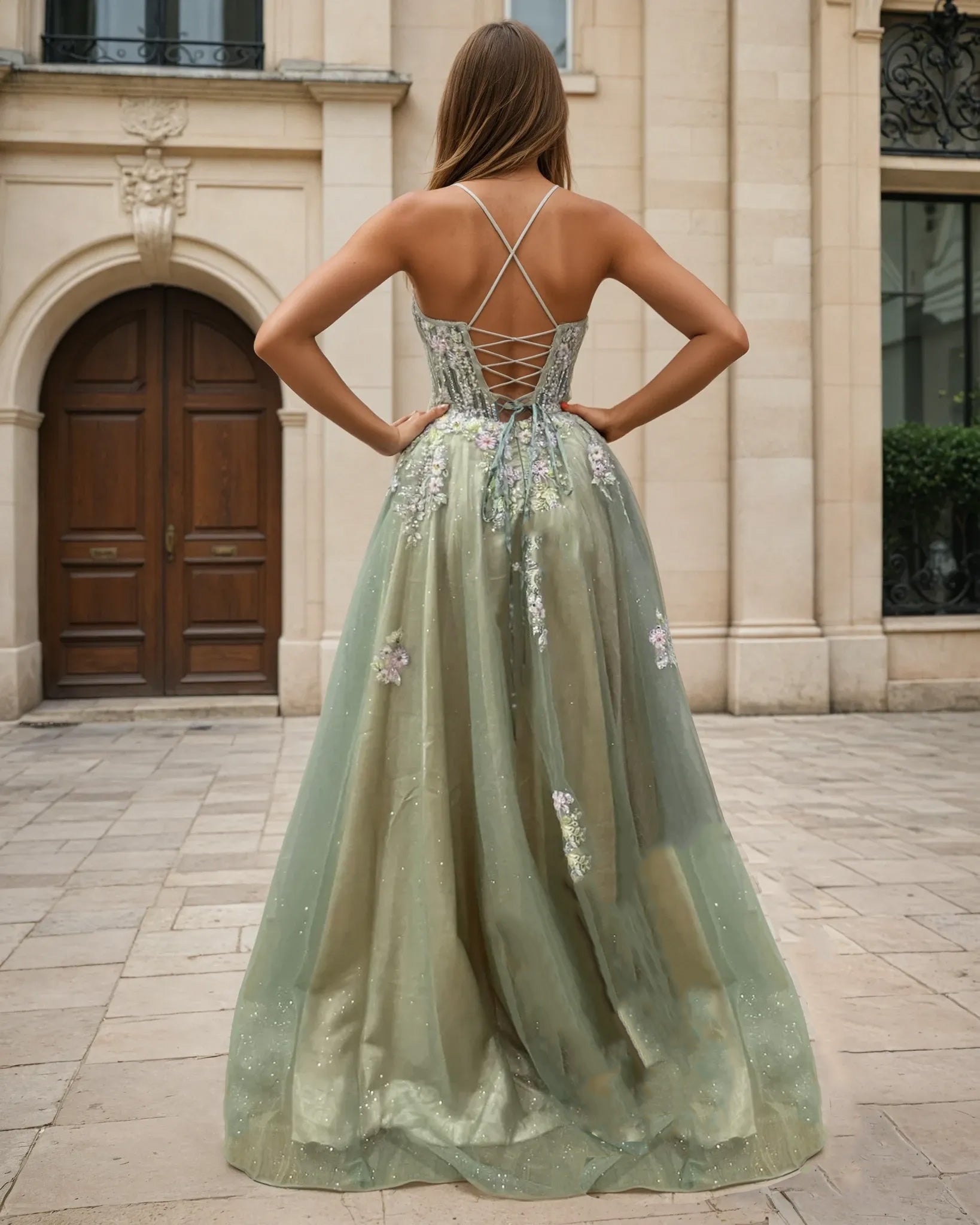 Persephone Floral Tulle Formal Gown - Sage Back