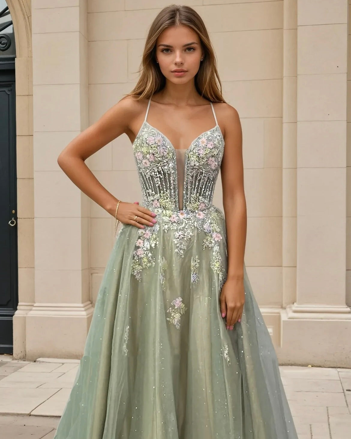 Persephone Floral Tulle Formal Gown - Sage Front