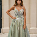 Persephone Floral Tulle Formal Gown - Sage Front