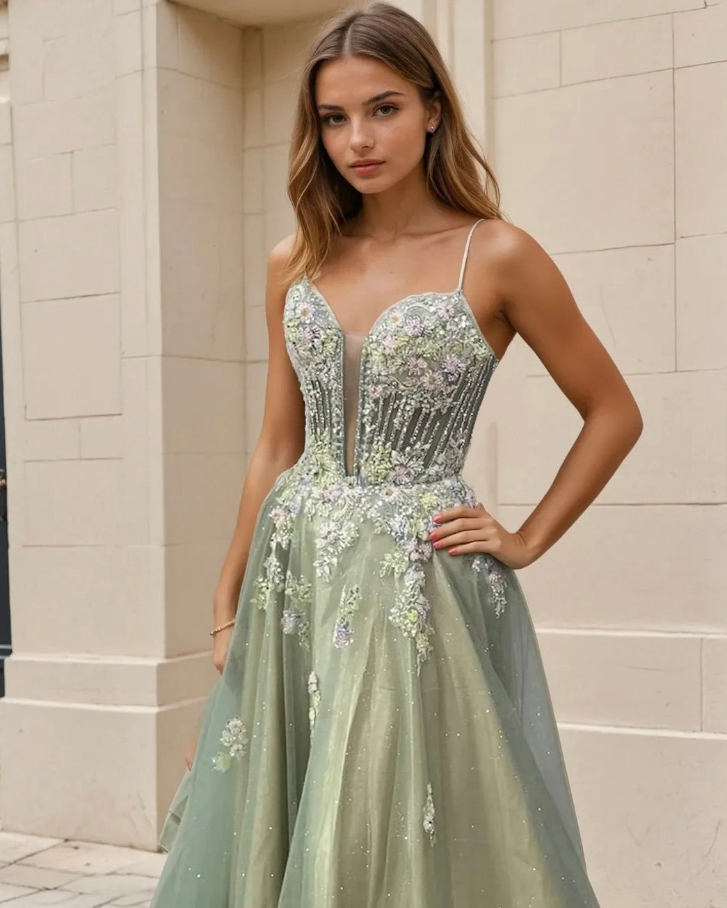 Persephone Floral Tulle Formal Gown - Sage Side