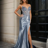 Sasha Strapless Corset Formal Gown - Dusty Blue Front