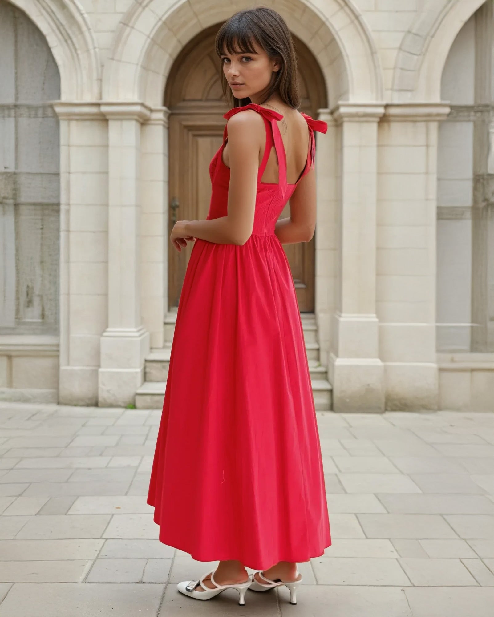 Woman in a red midi dress standing in front of classical architecture