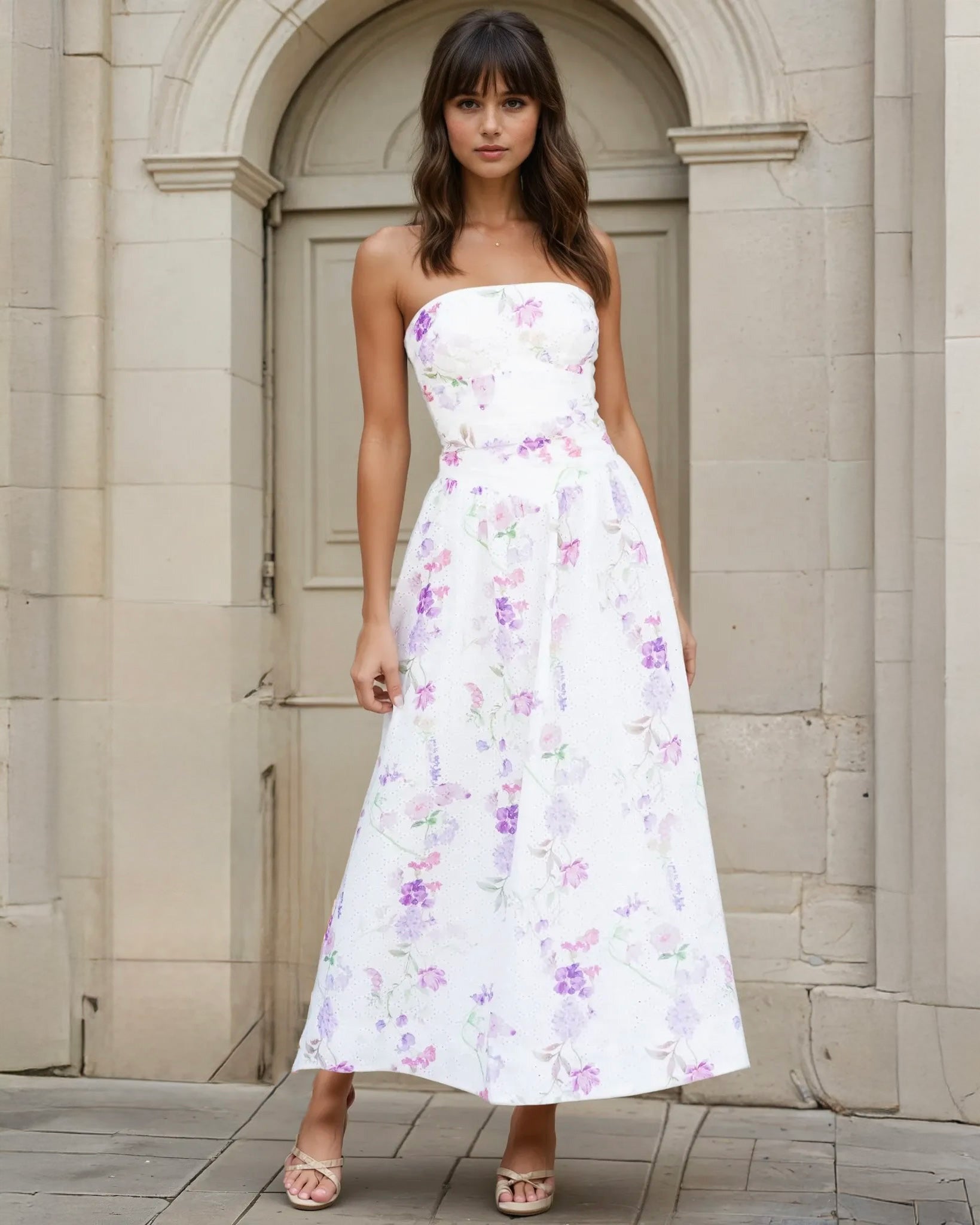 Tilly Floral Strapless Midi Dress White