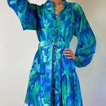 Ellie Chiffon Mini Dress - Green/Blue Print