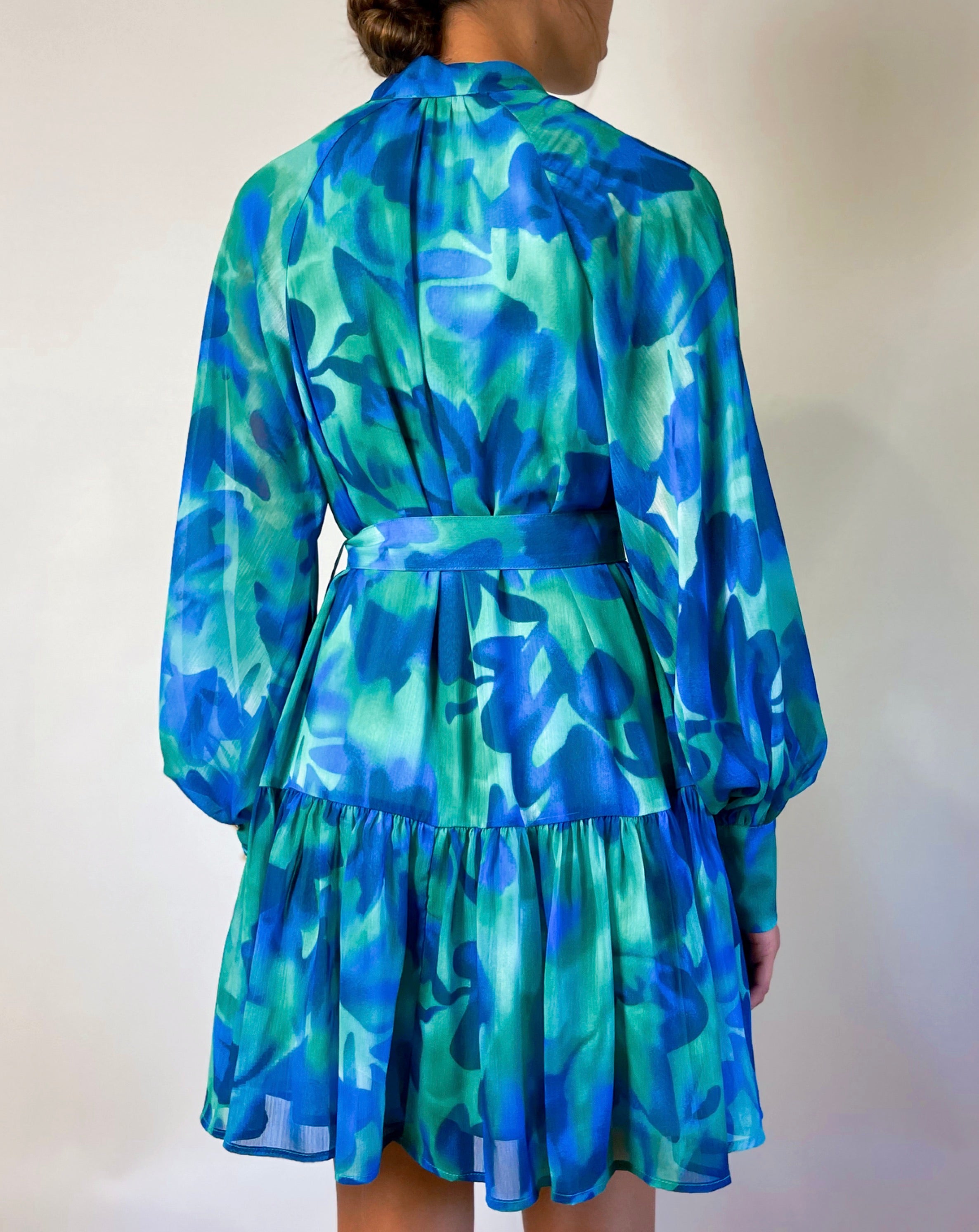 Ellie Chiffon Mini Dress - Green/Blue Print