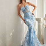 Mia Corset Butterfly Print Gown - Light Blue
