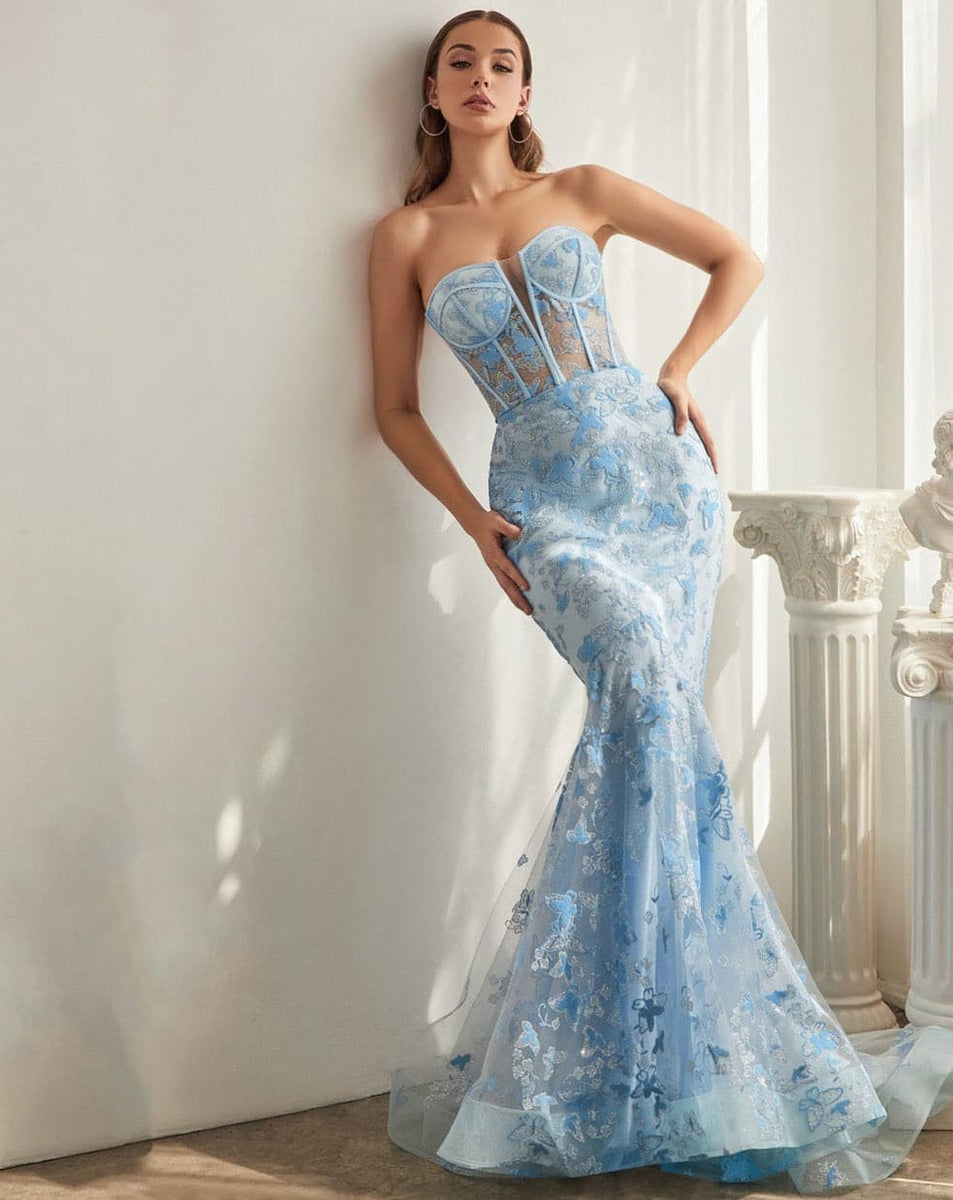 Mia Corset Butterfly Print Gown Light Blue