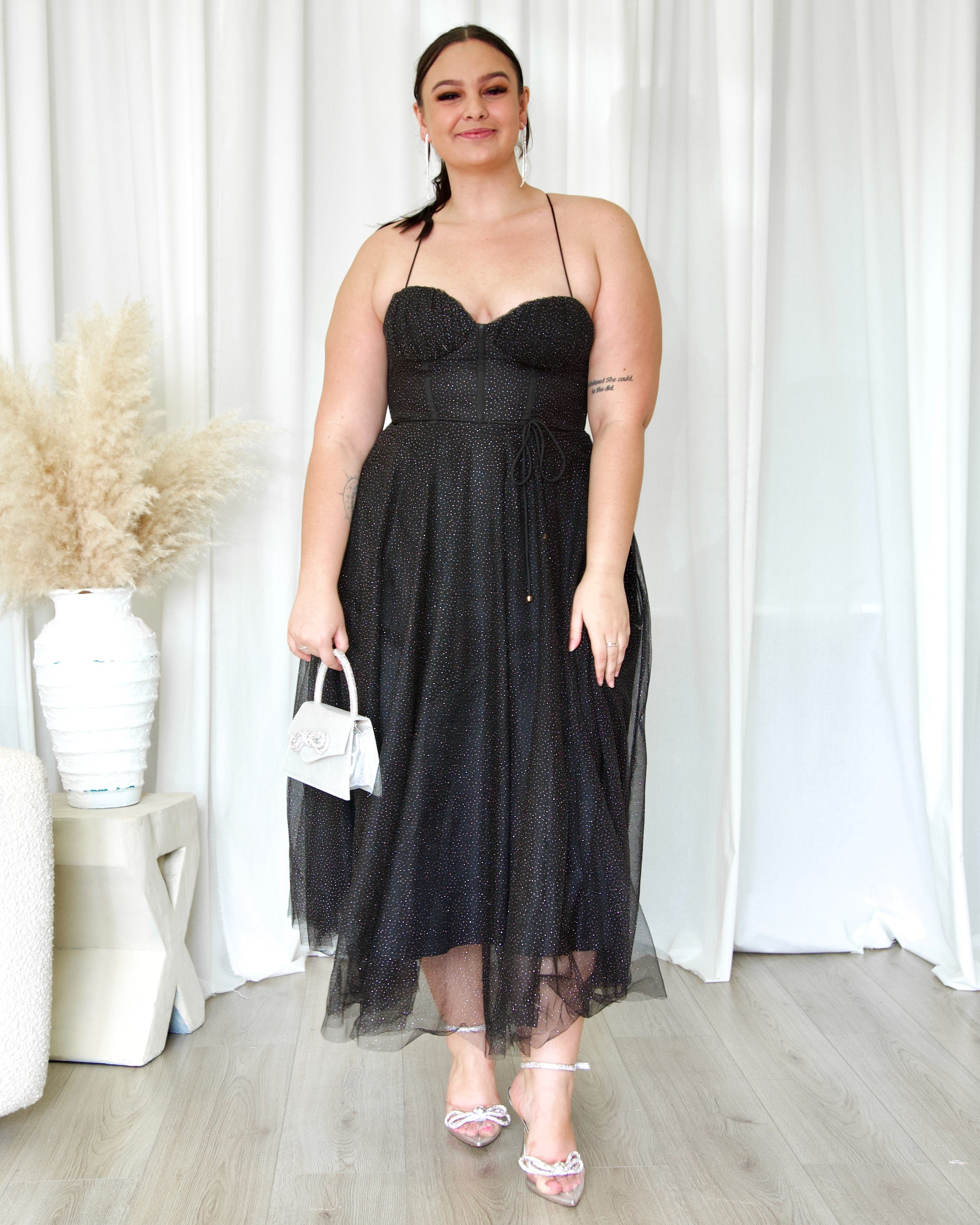 Carrie Glitter Midi Dress - Black