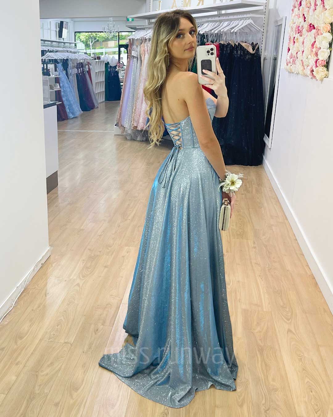 Daphne Sparkle Satin Gown - Ocean Blue