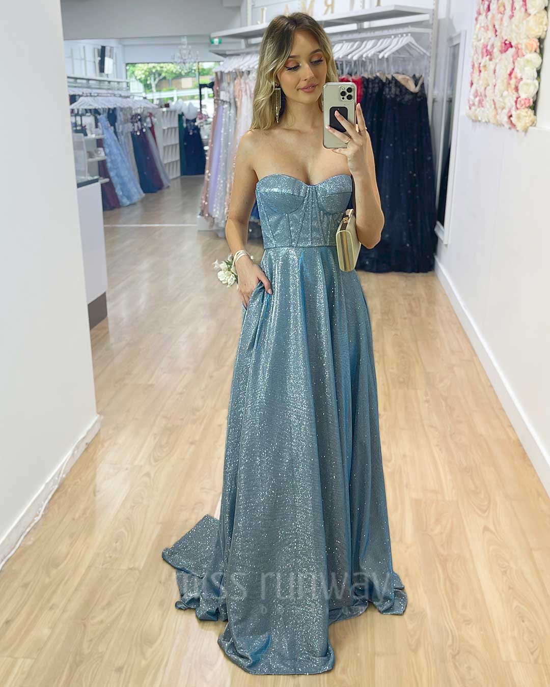 Daphne Sparkle Satin Gown - Ocean Blue