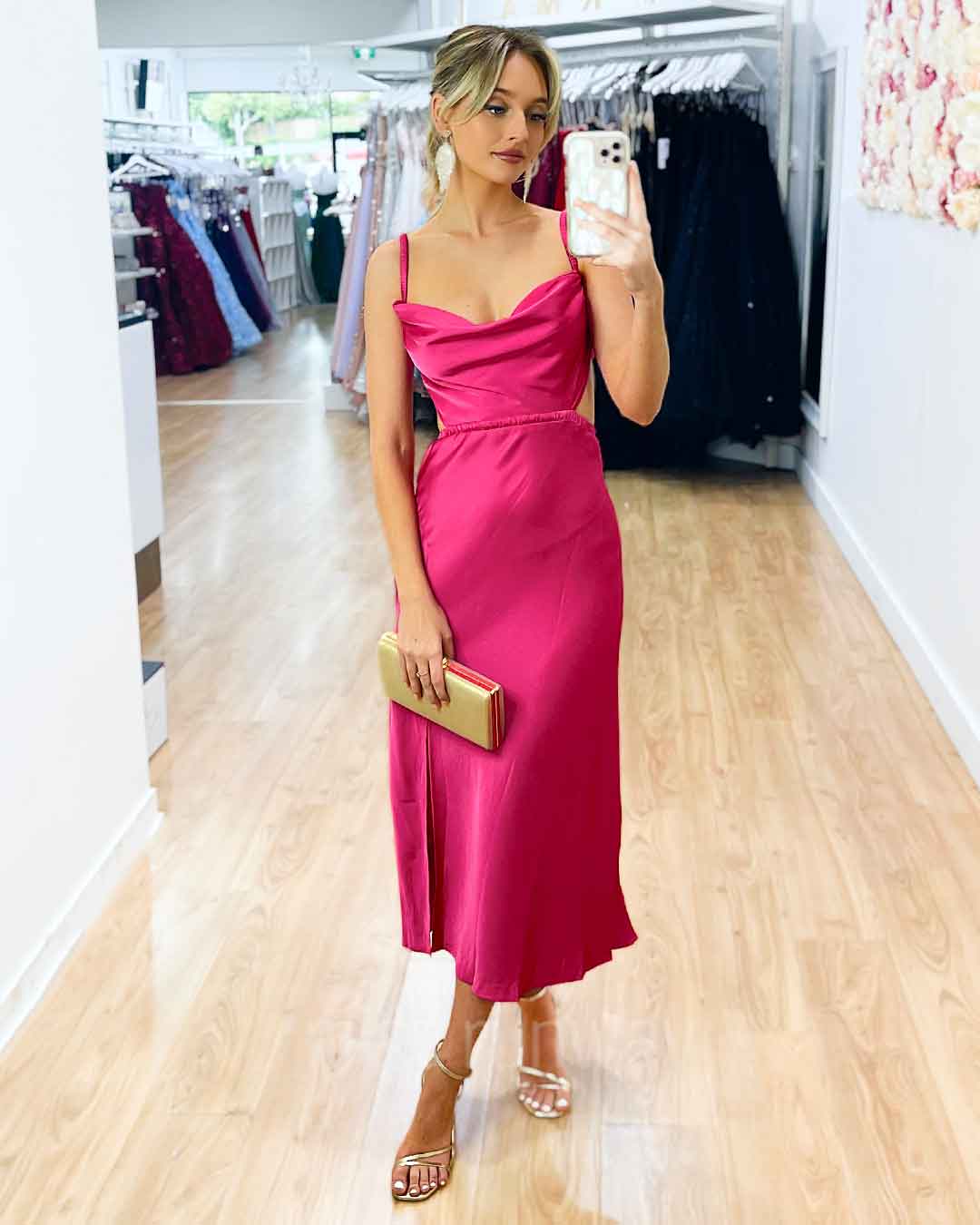 Gaia Satin Midi Dress - Hot Pink
