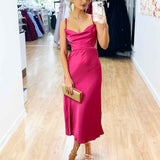 Gaia Satin Midi Dress - Hot Pink
