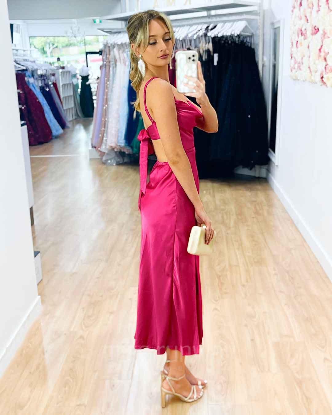 Gaia Satin Midi Dress - Hot Pink