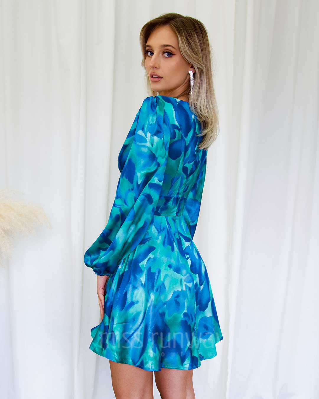 Kora Satin Mini  Dress - Blue Green Print