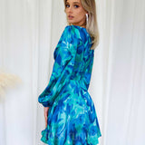 Kora Satin Mini  Dress - Blue Green Print