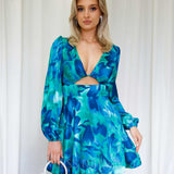 Kora Satin Mini  Dress - Blue Green Print