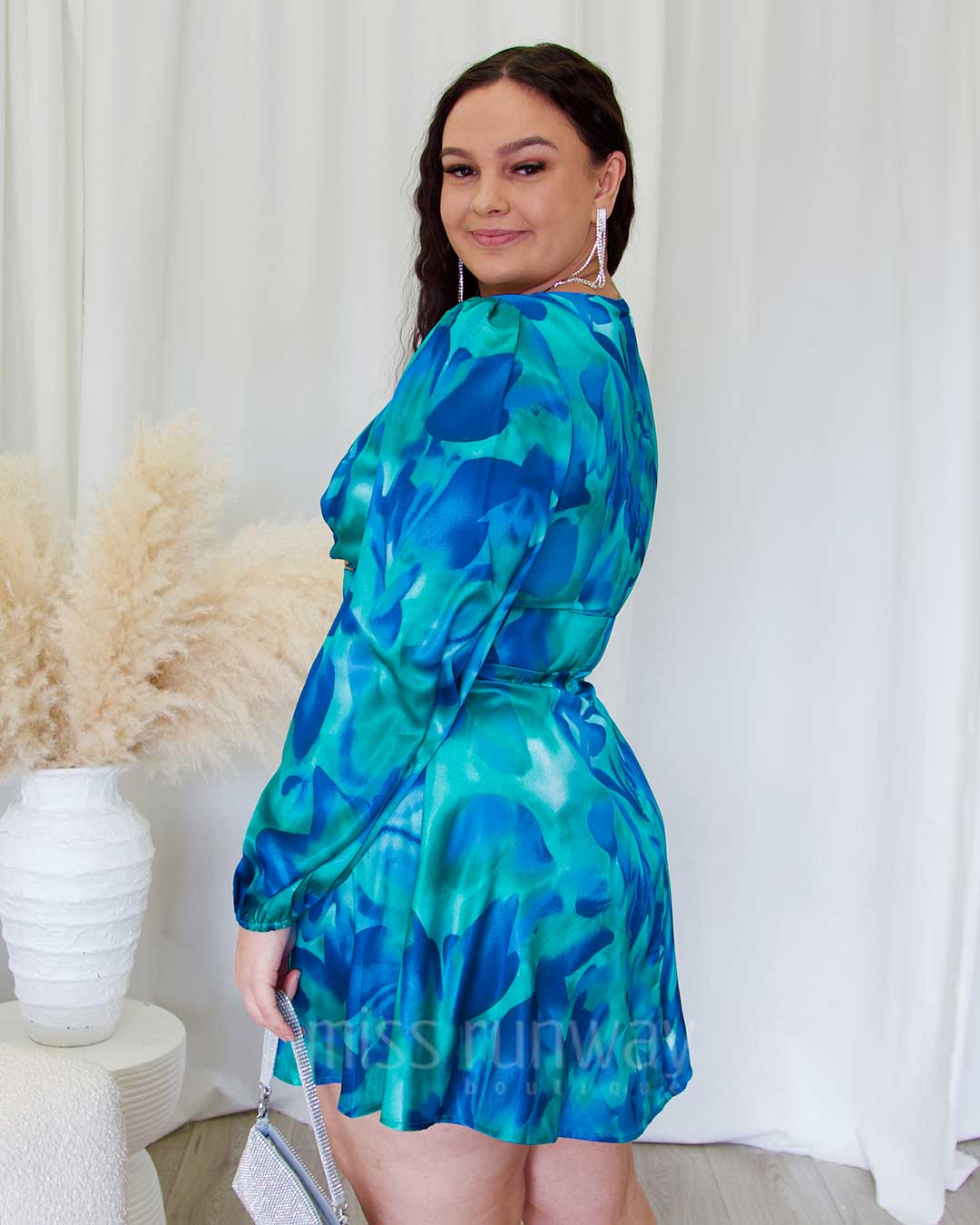 Kora Satin Mini  Dress - Blue Green Print