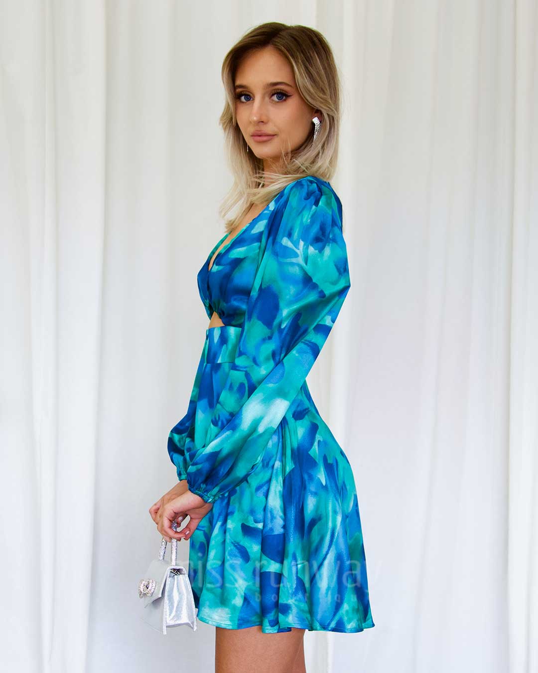 Kora Satin Mini  Dress - Blue Green Print