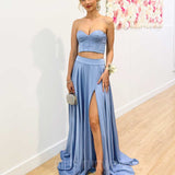 Lorna Corset Satin Two Piece Gown - Dove Blue