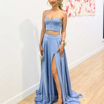 Lorna Corset Satin Two Piece Gown - Dove Blue
