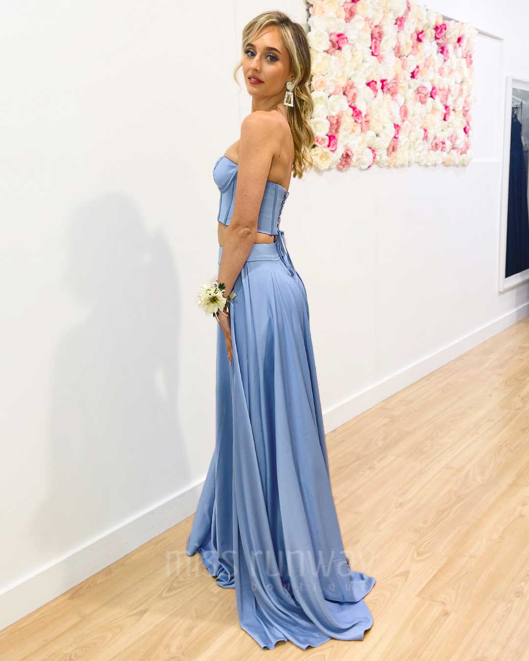 Lorna Corset Satin Two Piece Gown - Dove Blue