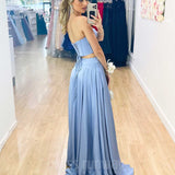 Lorna Corset Satin Two Piece Gown - Dove Blue
