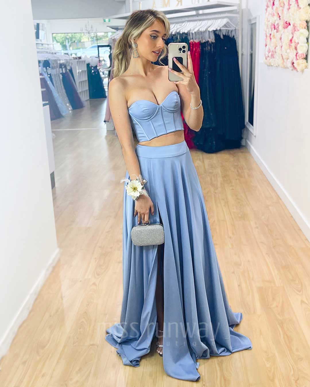 Lorna Corset Satin Two Piece Gown - Dove Blue